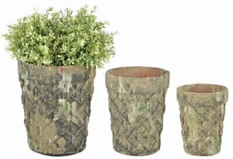 Aged Terracotta Round Lattice Pots (Set of 3). The weathered material in this decorative piece brings about a natural serene and authentic atmosphere to the garden. This set of three planters not only adds atmosphere but also provides a space for a variety of plants or flower to grow with drainage hole.  Size 19.7 x 19.7 x 24cm